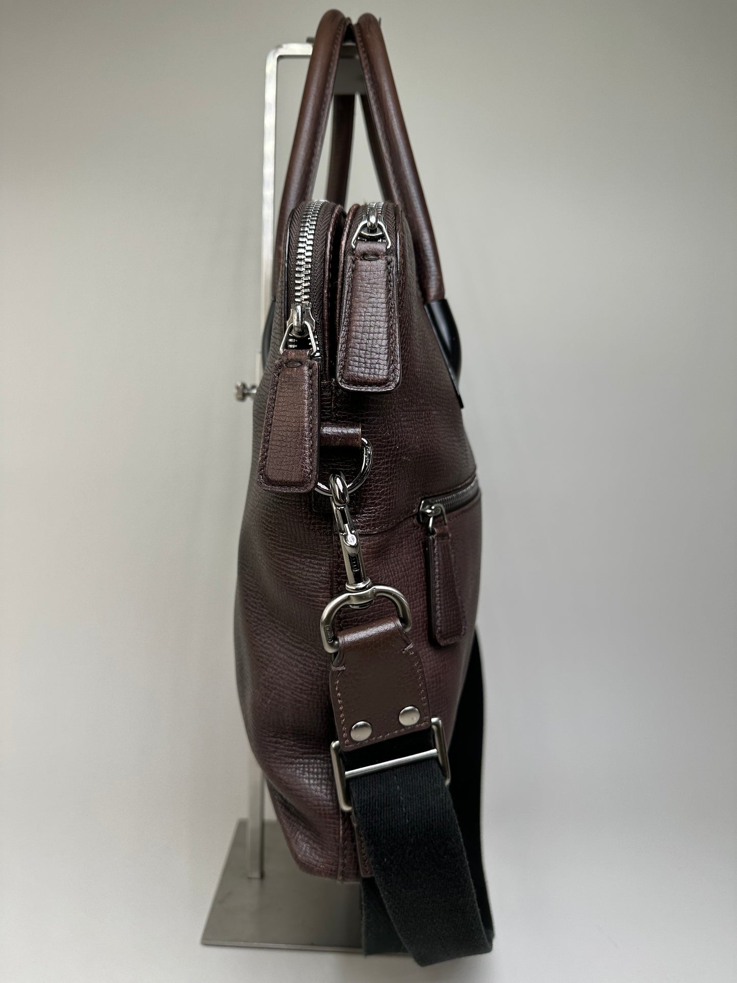Vintage Ferragamo Textured Leather Tote Dark Brown Silver