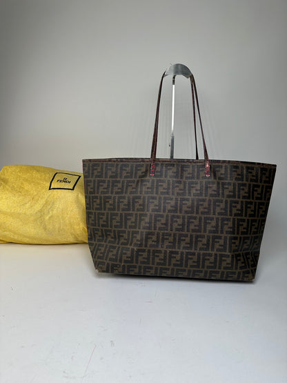 Vintage Fendi FF Zucca Monogram Canvas Leather Shopper Bag Brown