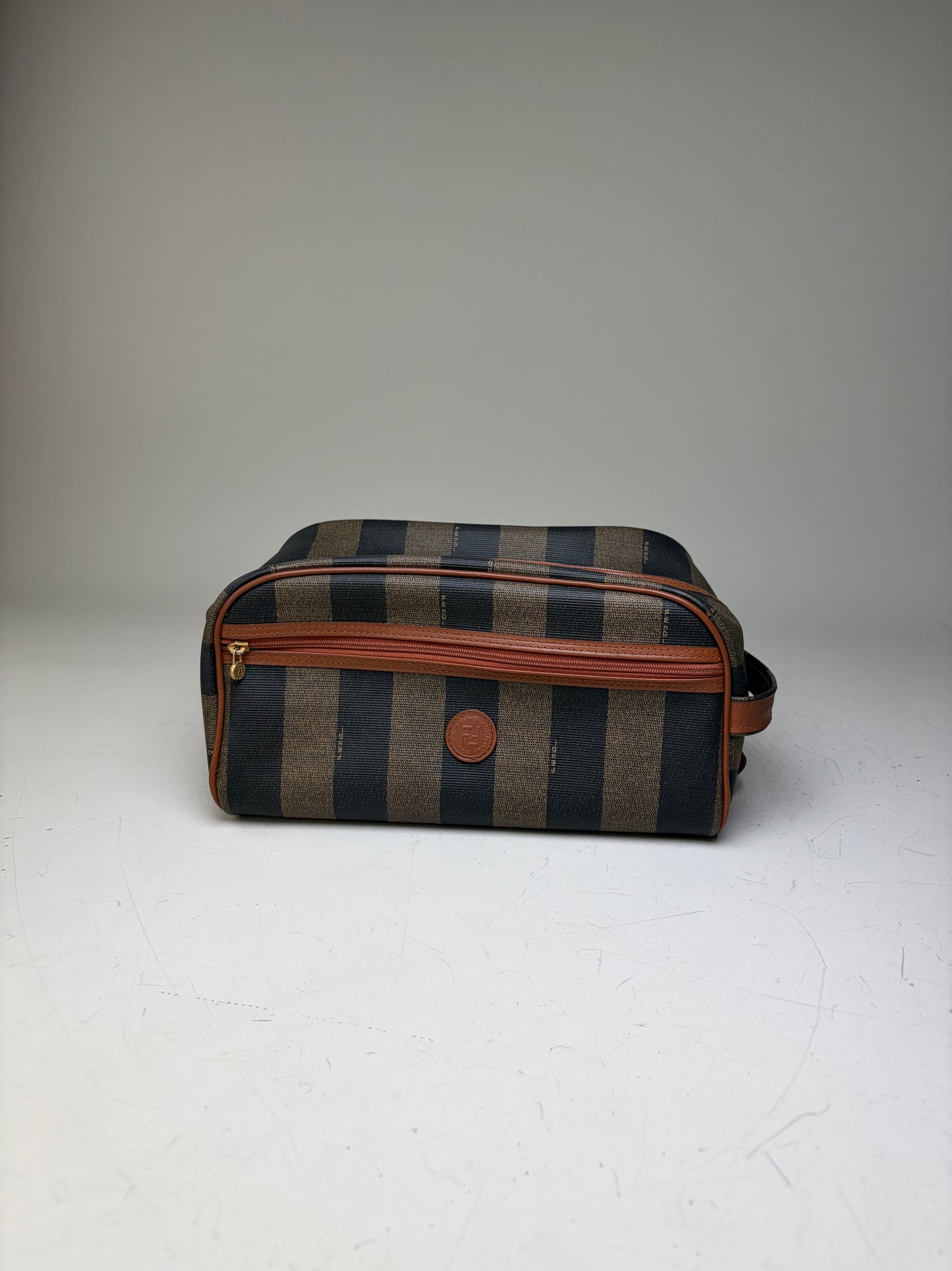 Vintage Fendi Canvas Cosmetic Bag Navy Brown Beige Gold