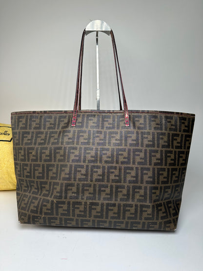 Vintage Fendi FF Zucca Monogram Canvas Leather Shopper Bag Brown