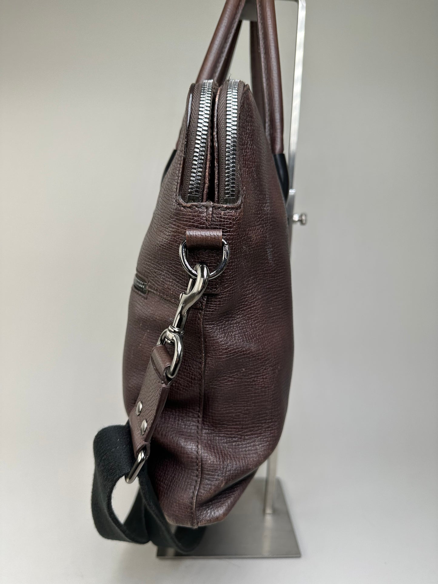 Vintage Ferragamo Textured Leather Tote Dark Brown Silver