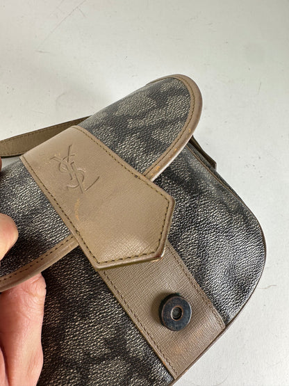 Vintage Yves Saint Laurent Stone Emblossed Leather Crossbody / Shoulder Bag Black Brown Grey
