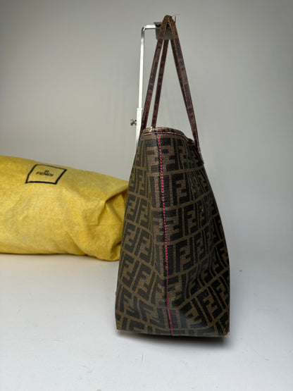 Vintage Fendi FF Zucca Monogram Canvas Leather Shopper Bag Brown