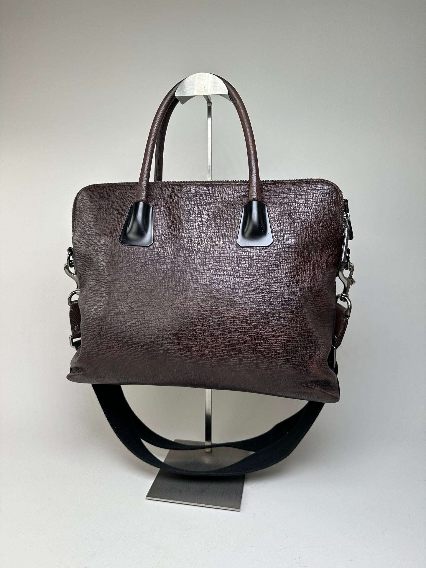 Vintage Ferragamo Textured Leather Tote Dark Brown Silver