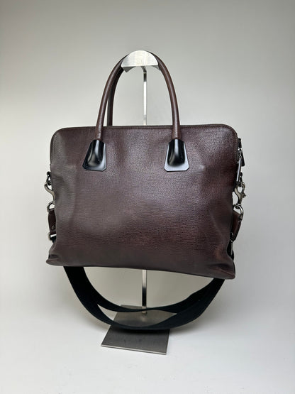 Vintage Ferragamo Textured Leather Tote Dark Brown Silver