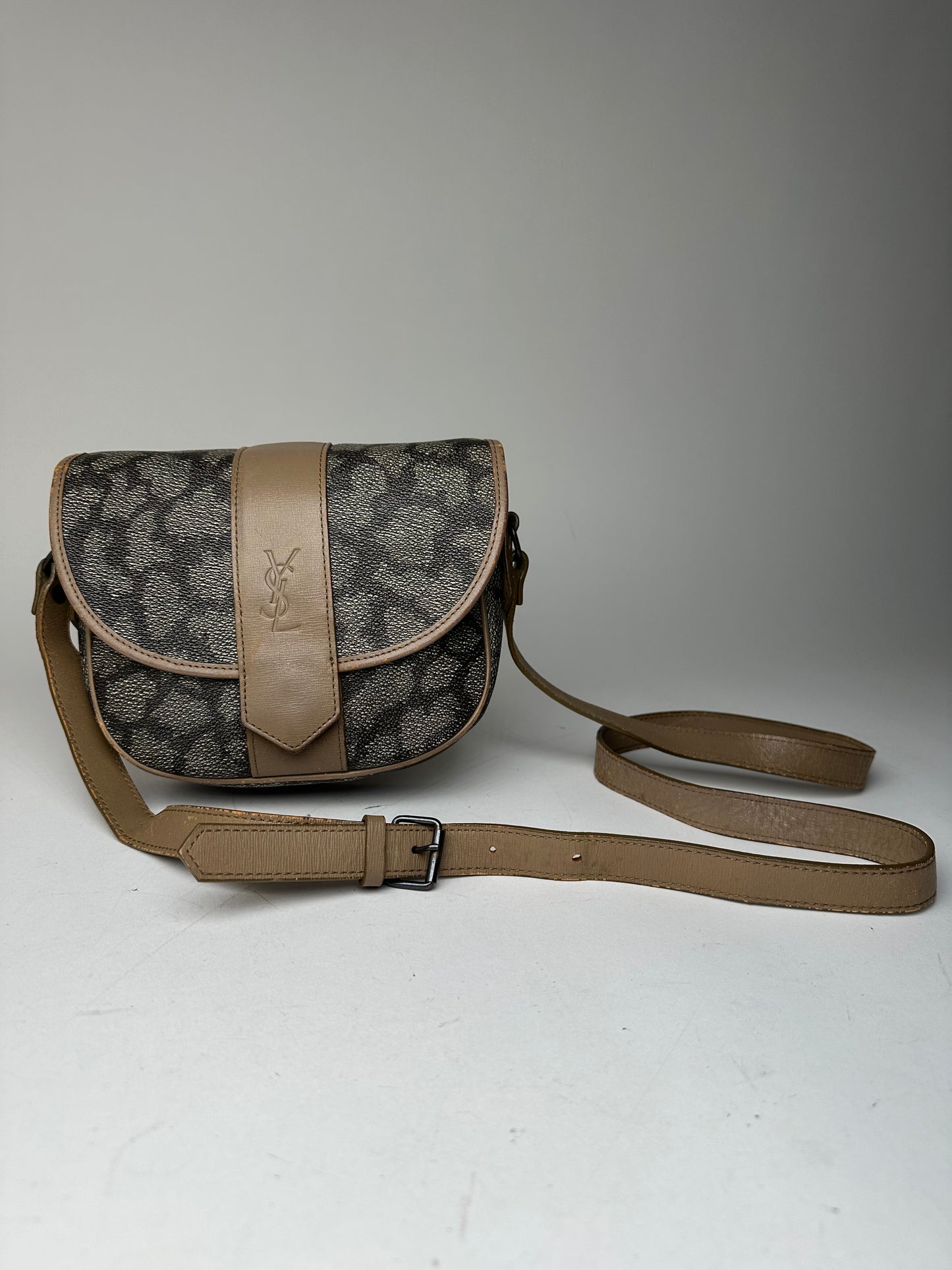 Vintage Yves Saint Laurent Stone Emblossed Leather Crossbody / Shoulder Bag Black Brown Grey