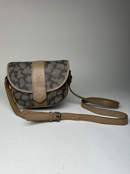 Vintage Yves Saint Laurent Stone Emblossed Leather Crossbody / Shoulder Bag Black Brown Grey