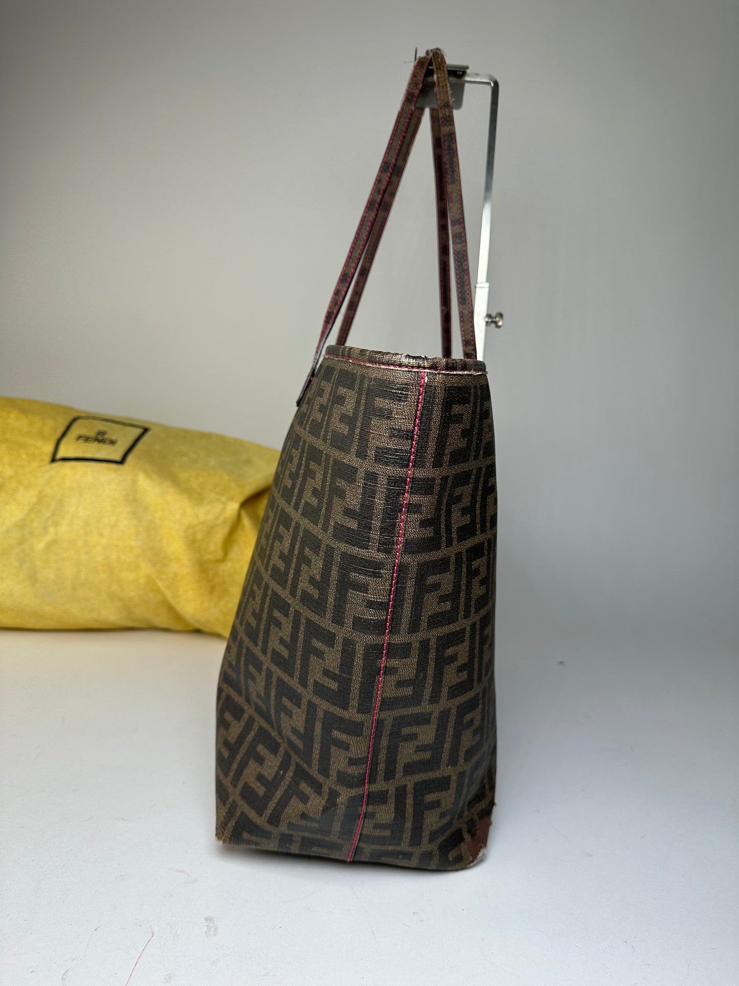 Vintage Fendi FF Zucca Monogram Canvas Leather Shopper Bag Brown