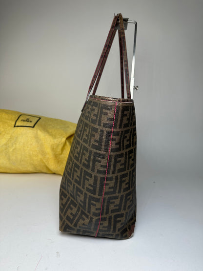 Vintage Fendi FF Zucca Monogram Canvas Leather Shopper Bag Brown