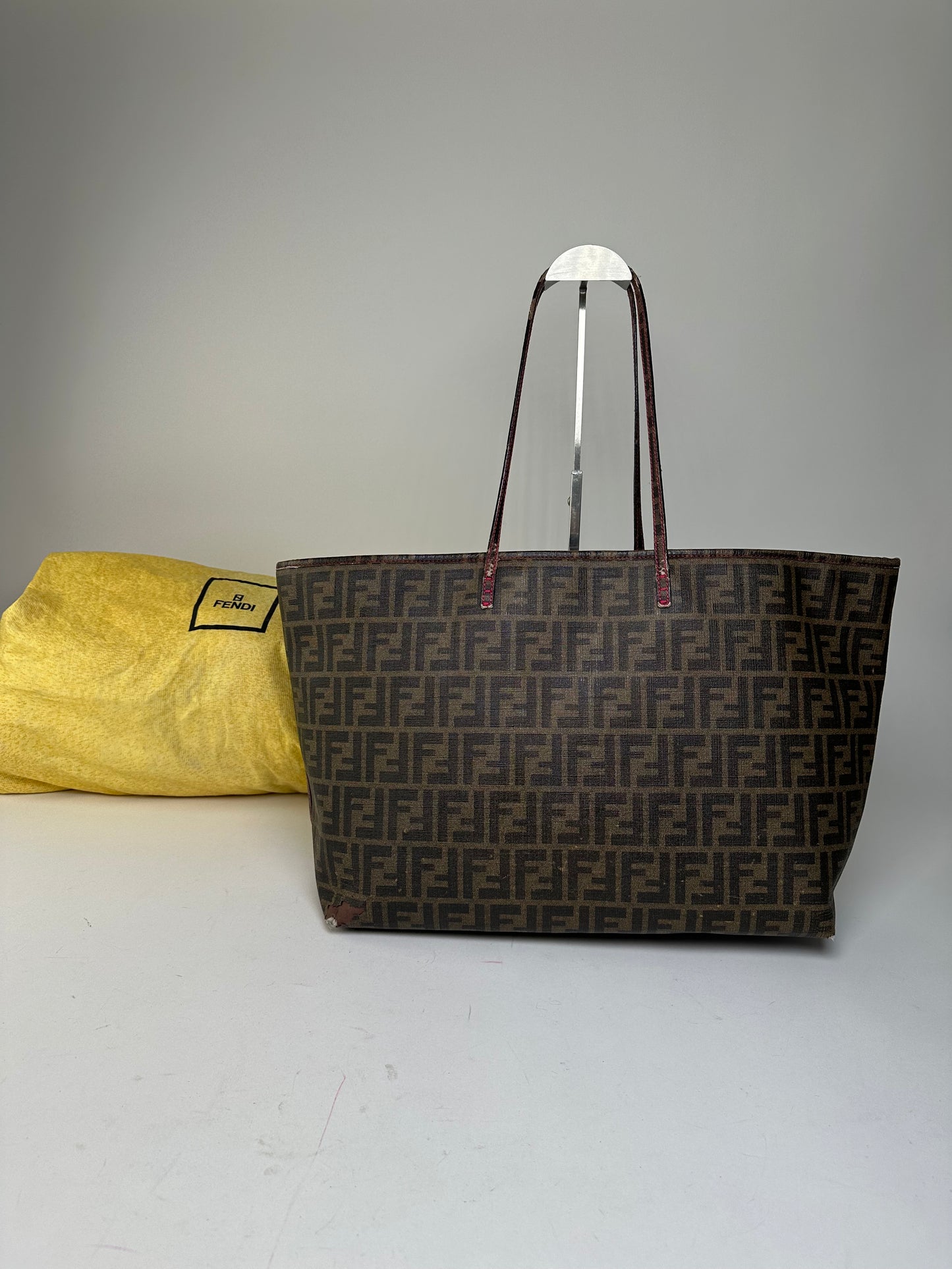Vintage Fendi FF Zucca Monogram Canvas Leather Shopper Bag Brown