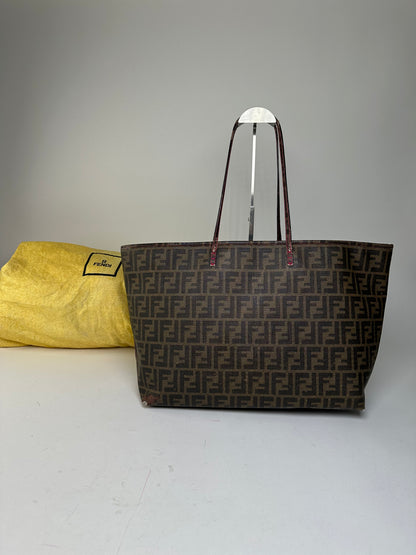 Vintage Fendi FF Zucca Monogram Canvas Leather Shopper Bag Brown