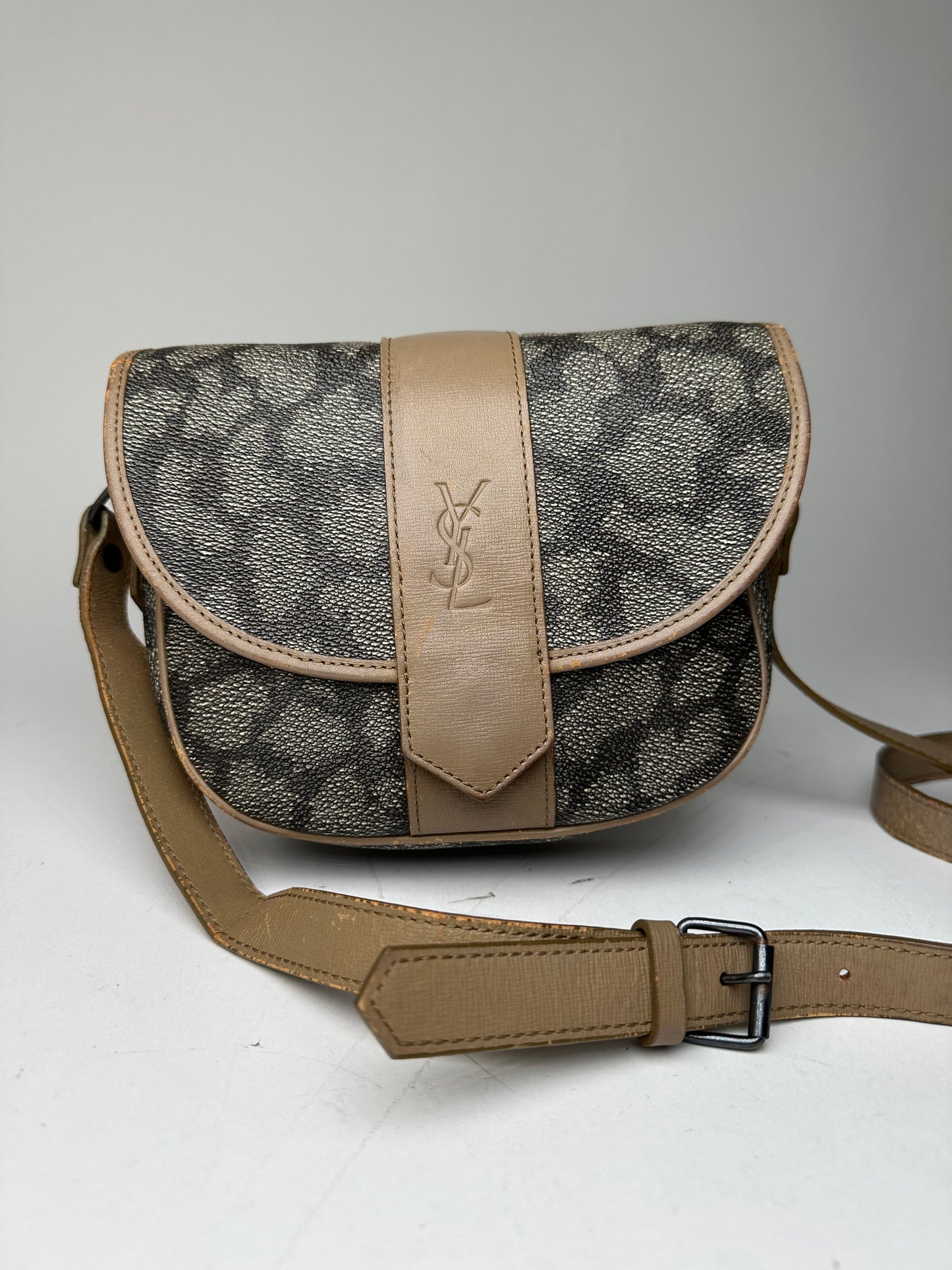 Vintage Yves Saint Laurent Stone Emblossed Leather Crossbody / Shoulder Bag Black Brown Grey