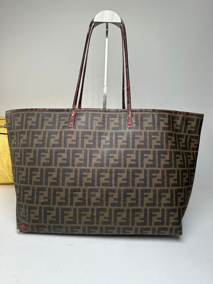 Vintage Fendi FF Zucca Monogram Canvas Leather Shopper Bag Brown