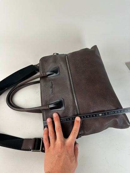 Vintage Ferragamo Textured Leather Tote Dark Brown Silver