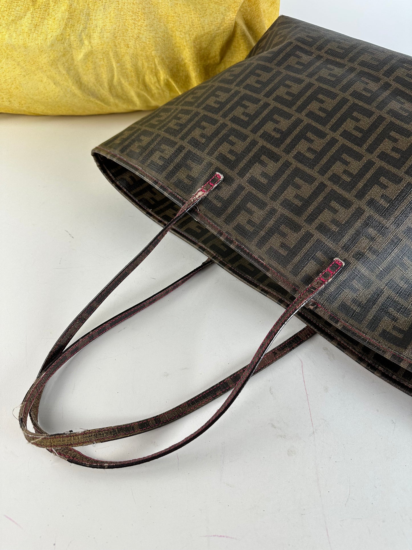 Vintage Fendi FF Zucca Monogram Canvas Leather Shopper Bag Brown