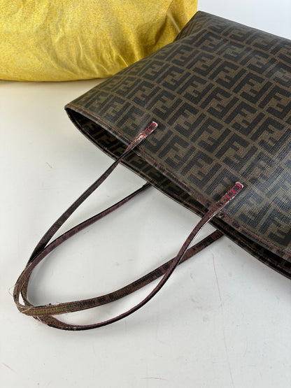 Vintage Fendi FF Zucca Monogram Canvas Leather Shopper Bag Brown