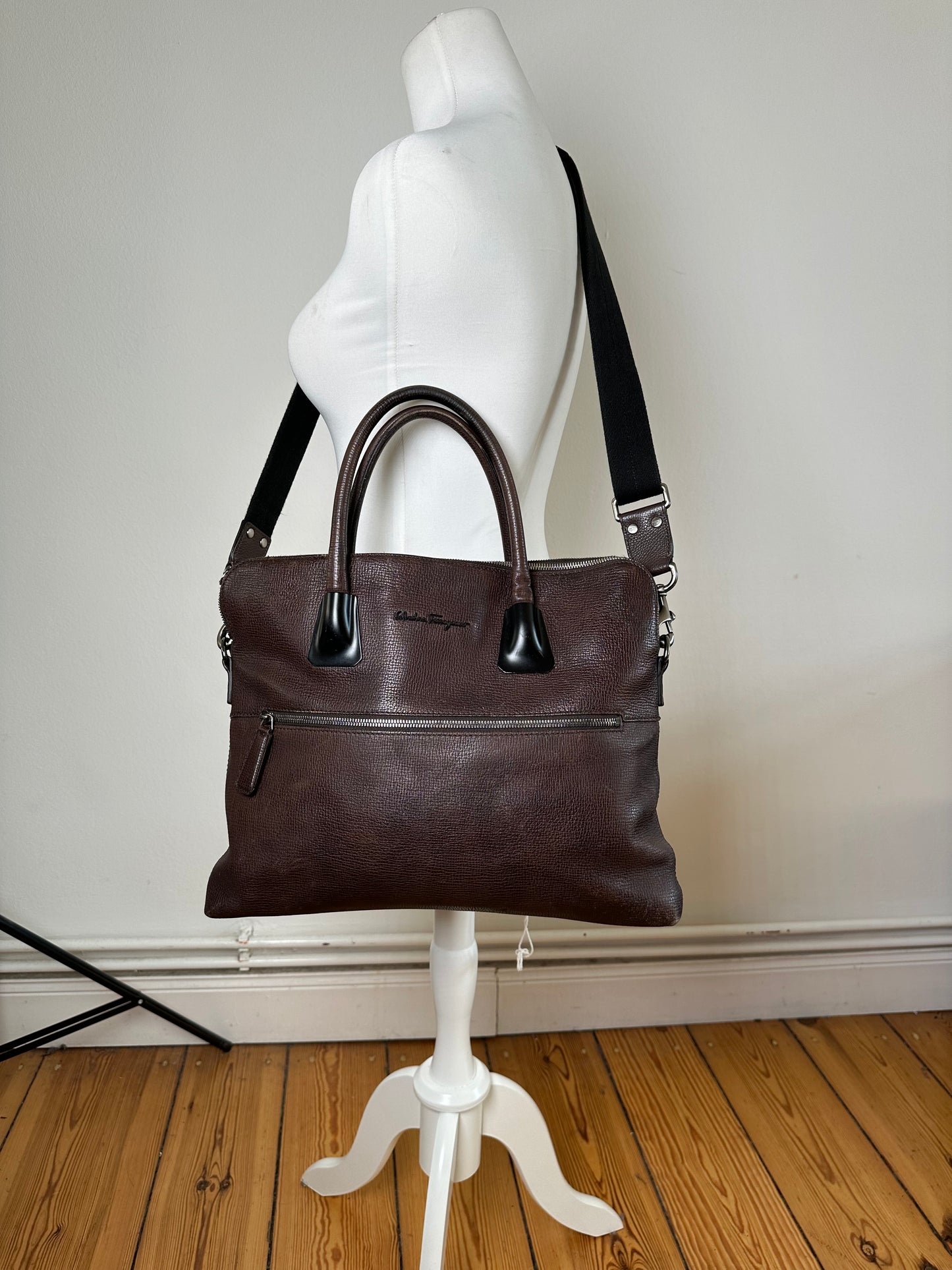 Vintage Ferragamo Textured Leather Tote Dark Brown Silver