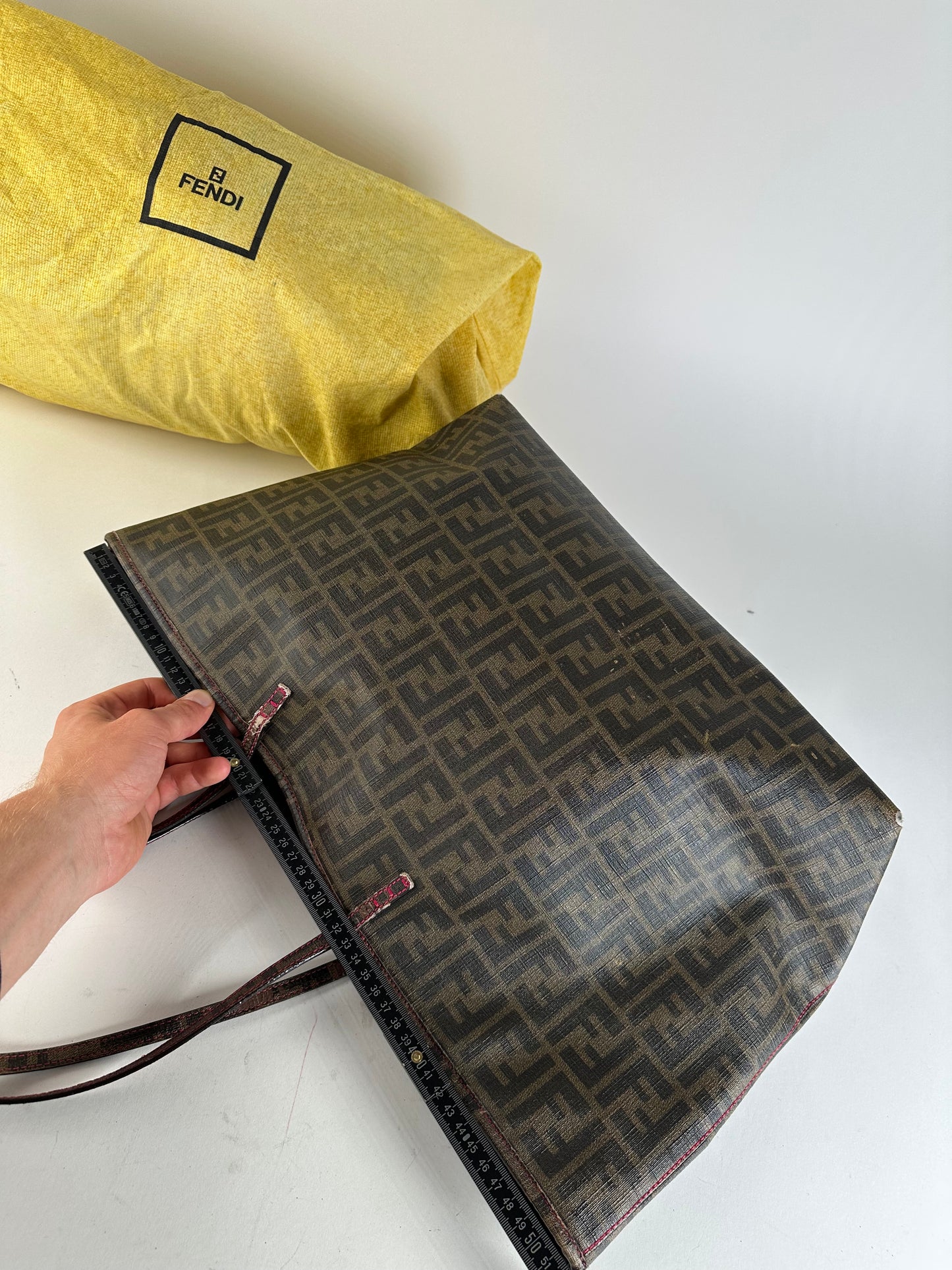 Vintage Fendi FF Zucca Monogram Canvas Leather Shopper Bag Brown