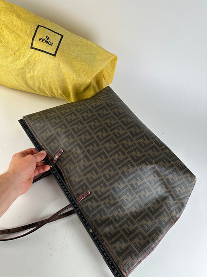 Vintage Fendi FF Zucca Monogram Canvas Leather Shopper Bag Brown