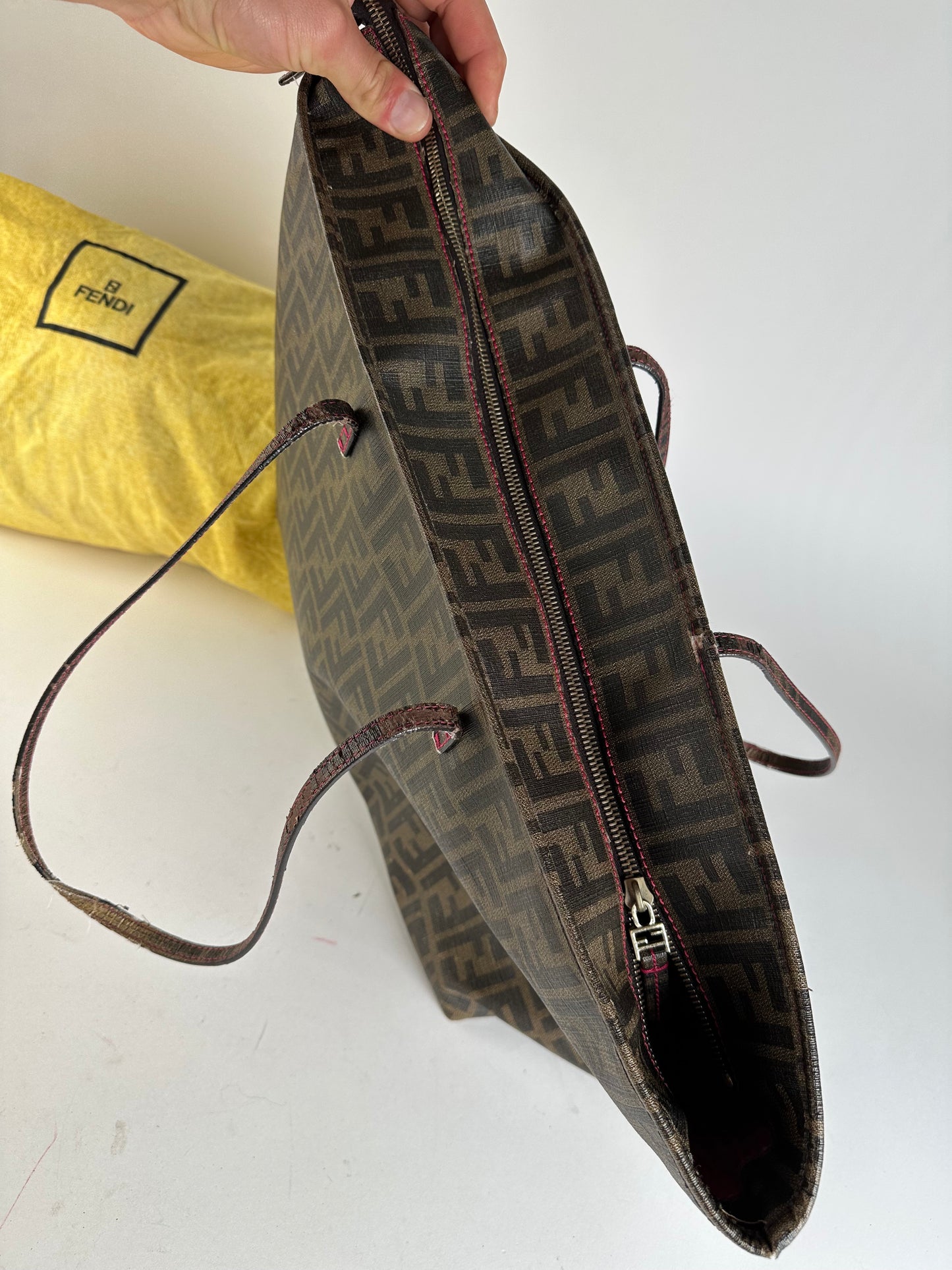 Vintage Fendi FF Zucca Monogram Canvas Leather Shopper Bag Brown