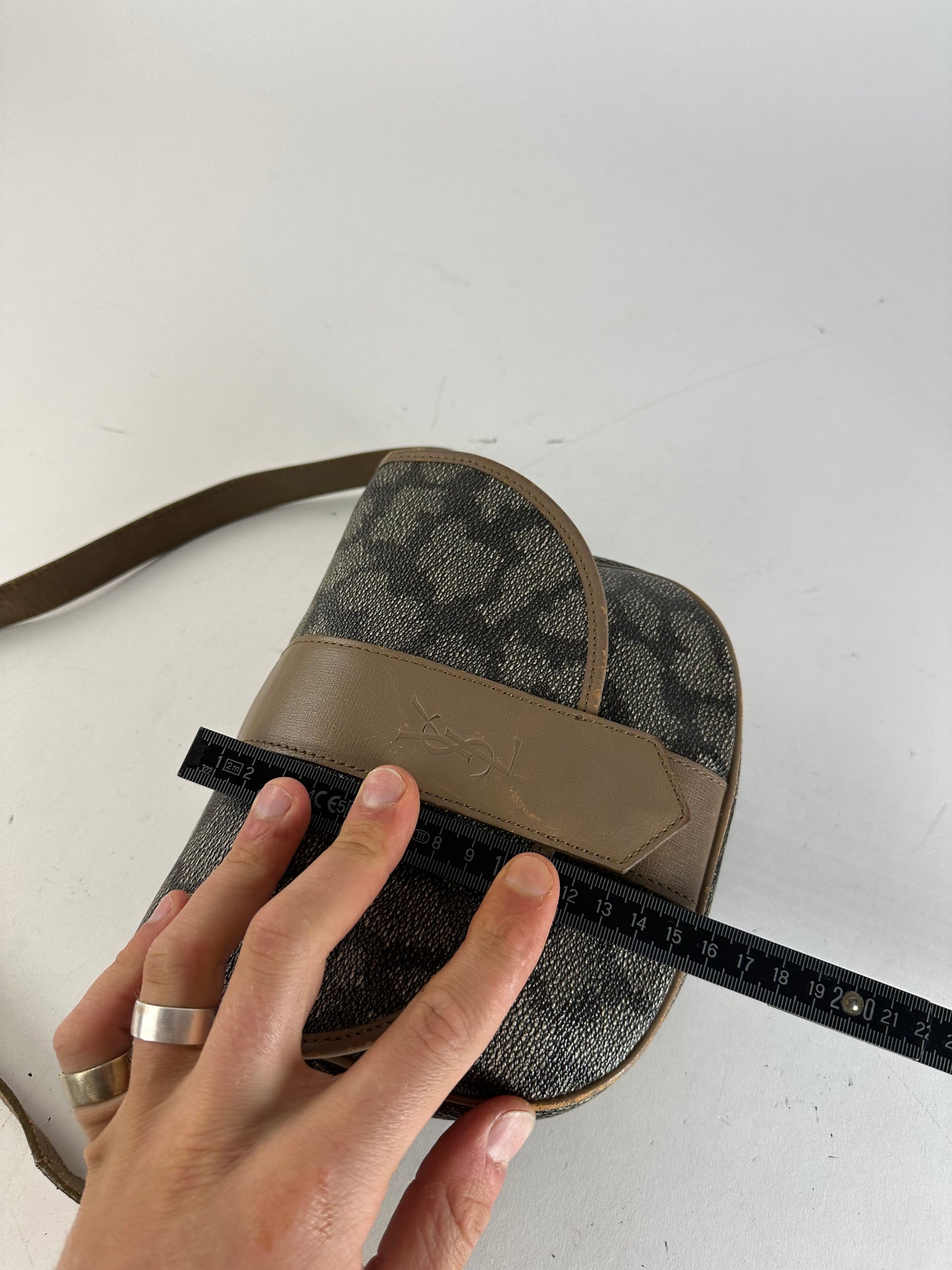 Vintage Yves Saint Laurent Stone Emblossed Leather Crossbody / Shoulder Bag Black Brown Grey