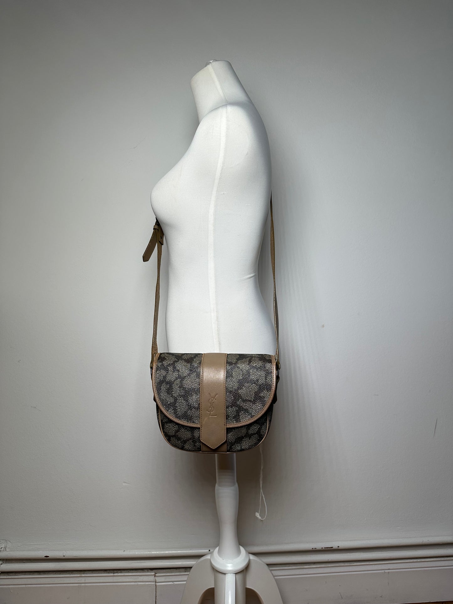 Vintage Yves Saint Laurent Stone Emblossed Leather Crossbody / Shoulder Bag Black Brown Grey