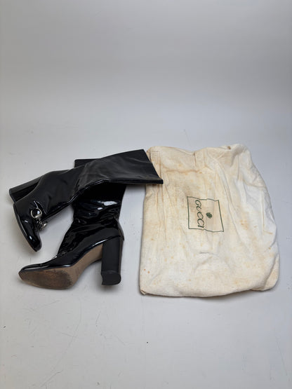Vintage Gucci Patent Leather Knee-high Boots Black Silver EU35.5