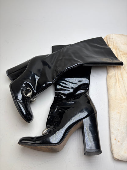 Vintage Gucci Patent Leather Knee-high Boots Black Silver EU35.5