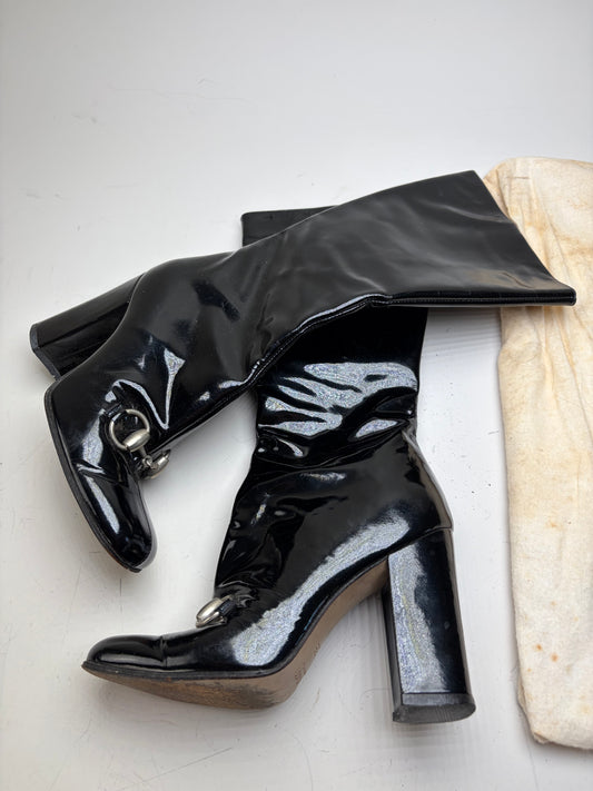 Vintage Gucci Patent Leather Knee-high Boots Black Silver EU35.5
