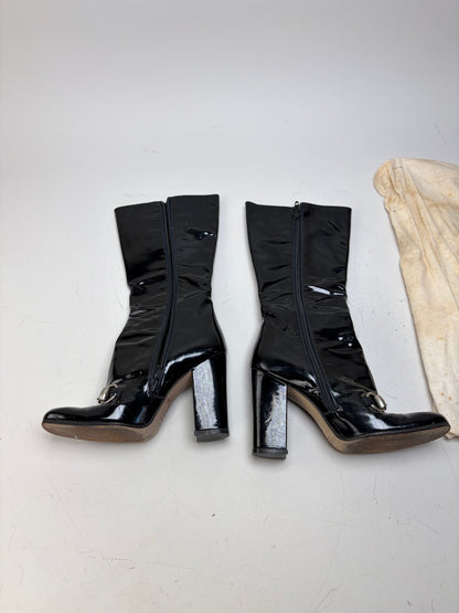 Vintage Gucci Patent Leather Knee-high Boots Black Silver EU35.5
