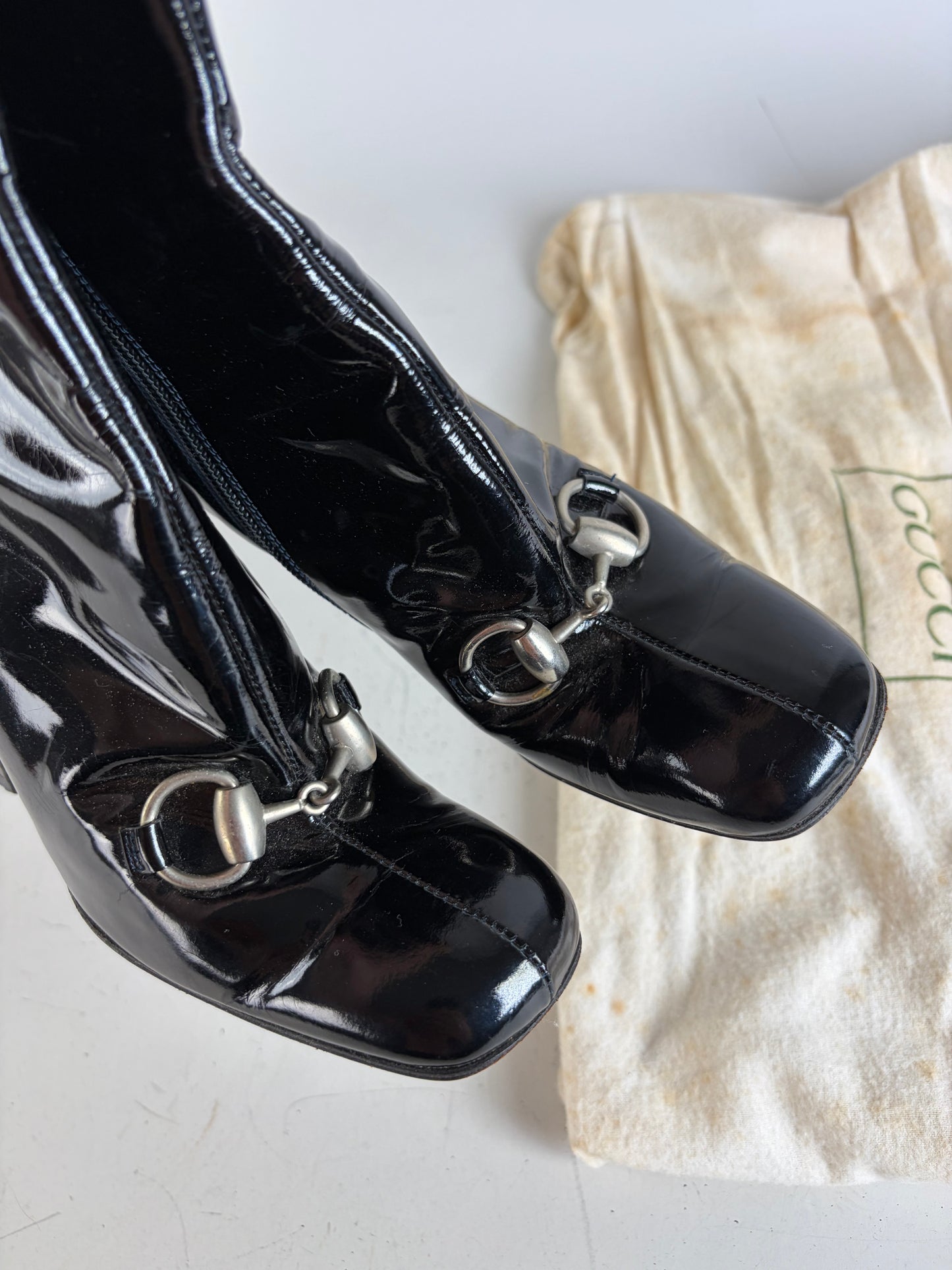 Vintage Gucci Patent Leather Knee-high Boots Black Silver EU35.5