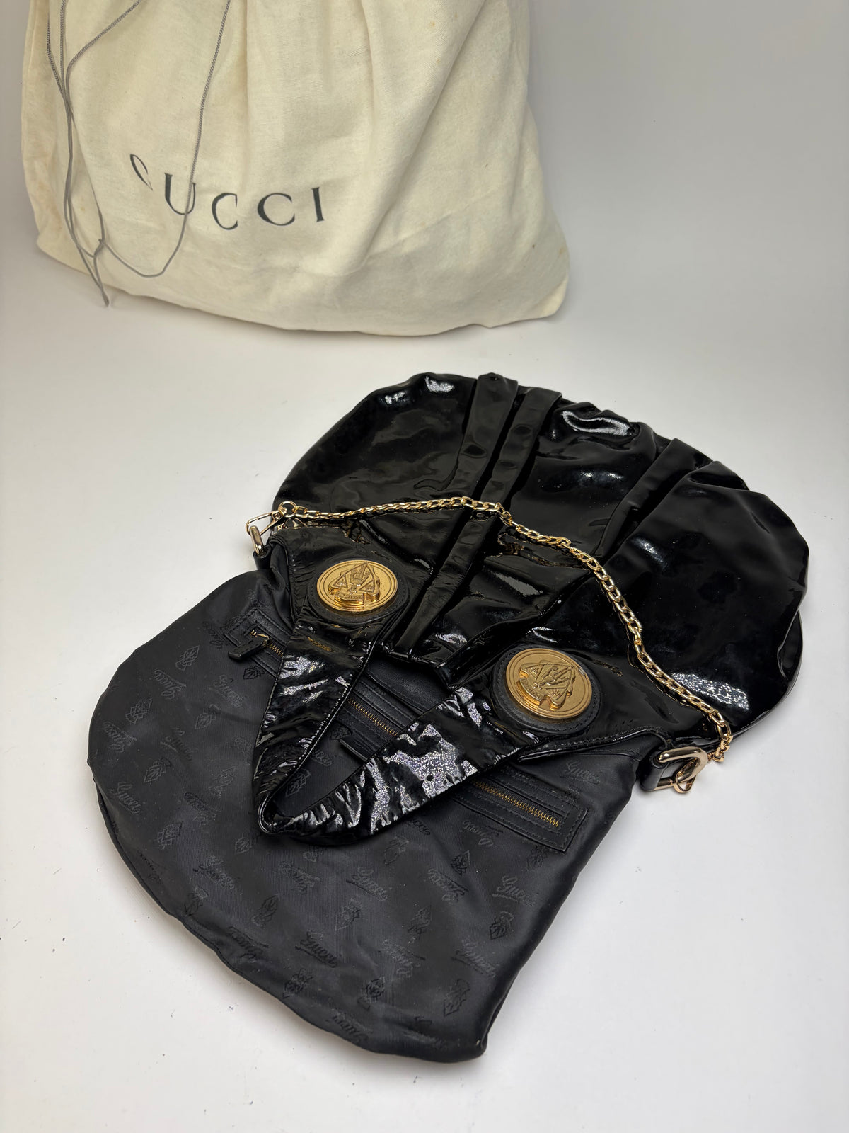Vintage Gucci Patent Leather Hobo Bag c. Late 1970s Black Gold