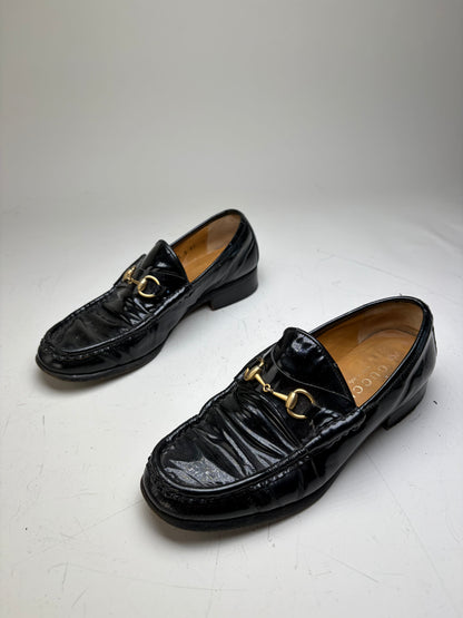 Vintage Gucci Patent Leather Loafers Black Gold EU37