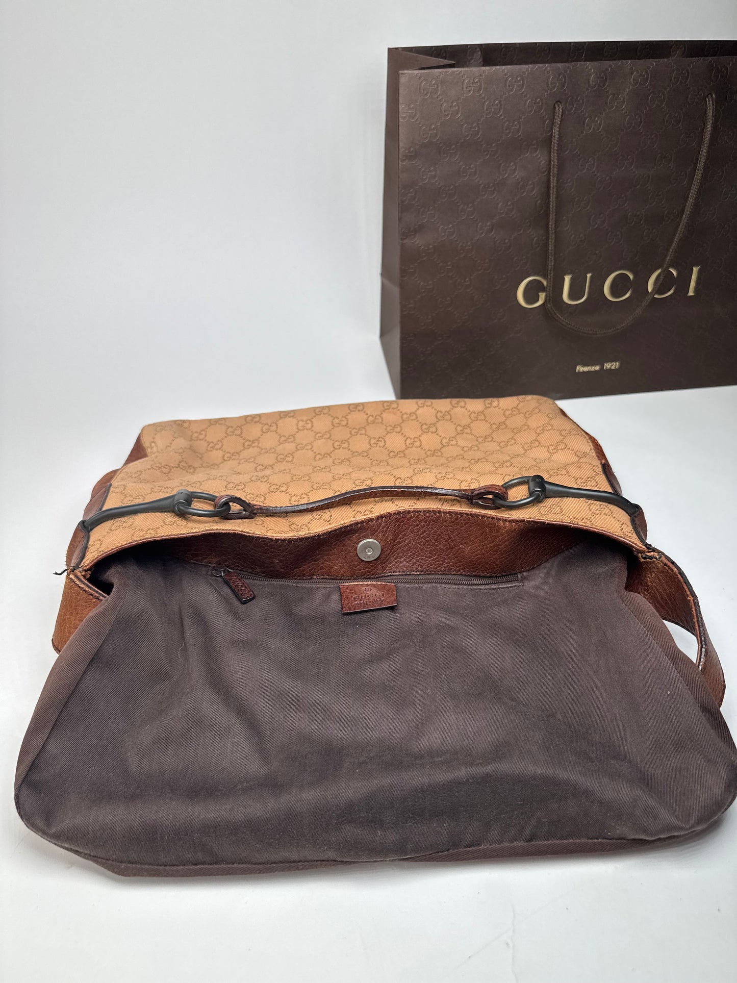 Vintage Gucci Horsebit Monogram Handbag Brown Beige