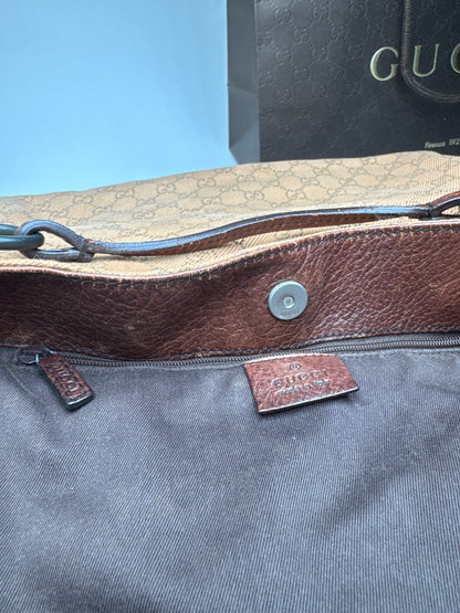 Vintage Gucci Horsebit Monogram Handbag Brown Beige