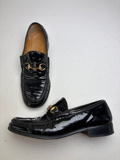 Vintage Gucci Patent Leather Loafers Black Gold EU37