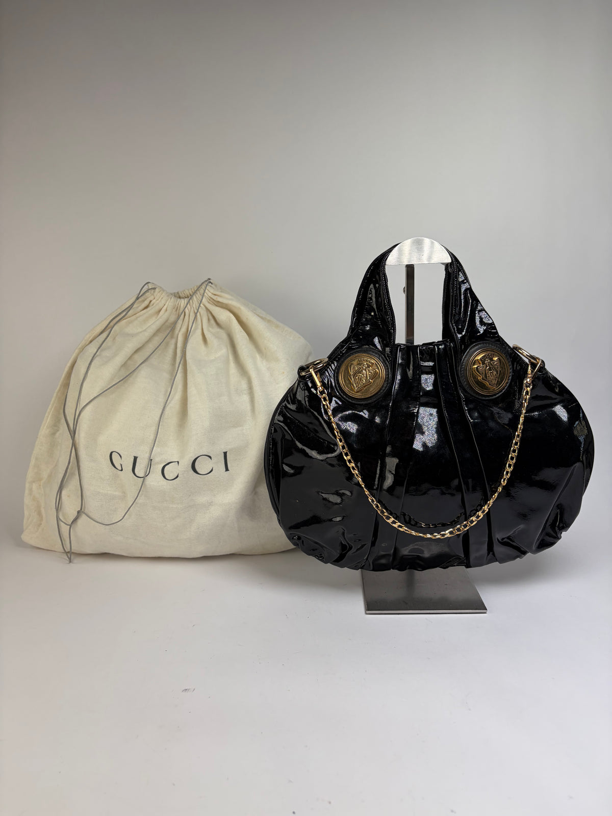 Vintage Gucci Patent Leather Hobo Bag c. Late 1970s Black Gold