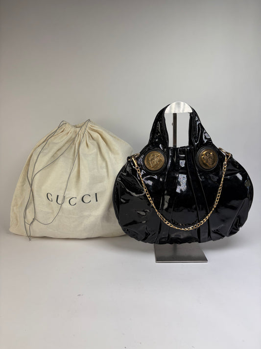 Vintage Gucci Patent Leather Hobo Bag c. Late 1970s Black Gold