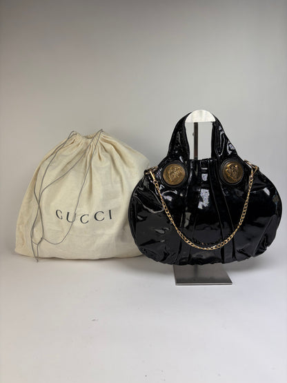 Vintage Gucci Patent Leather Hobo Bag c. Late 1970s Black Gold