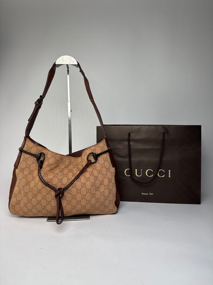 Vintage Gucci Horsebit Monogram Handbag Brown Beige