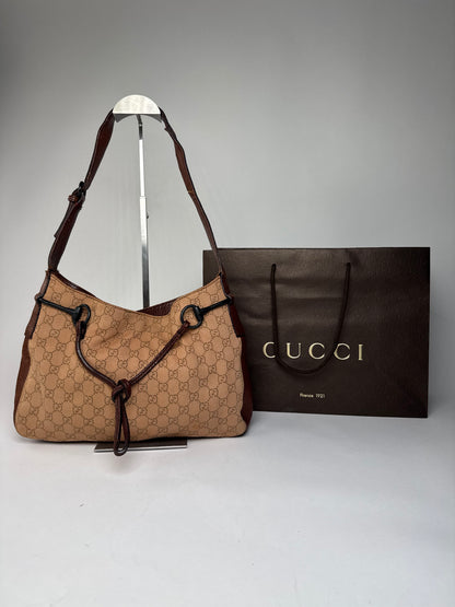 Vintage Gucci Horsebit Monogram Handbag Brown Beige