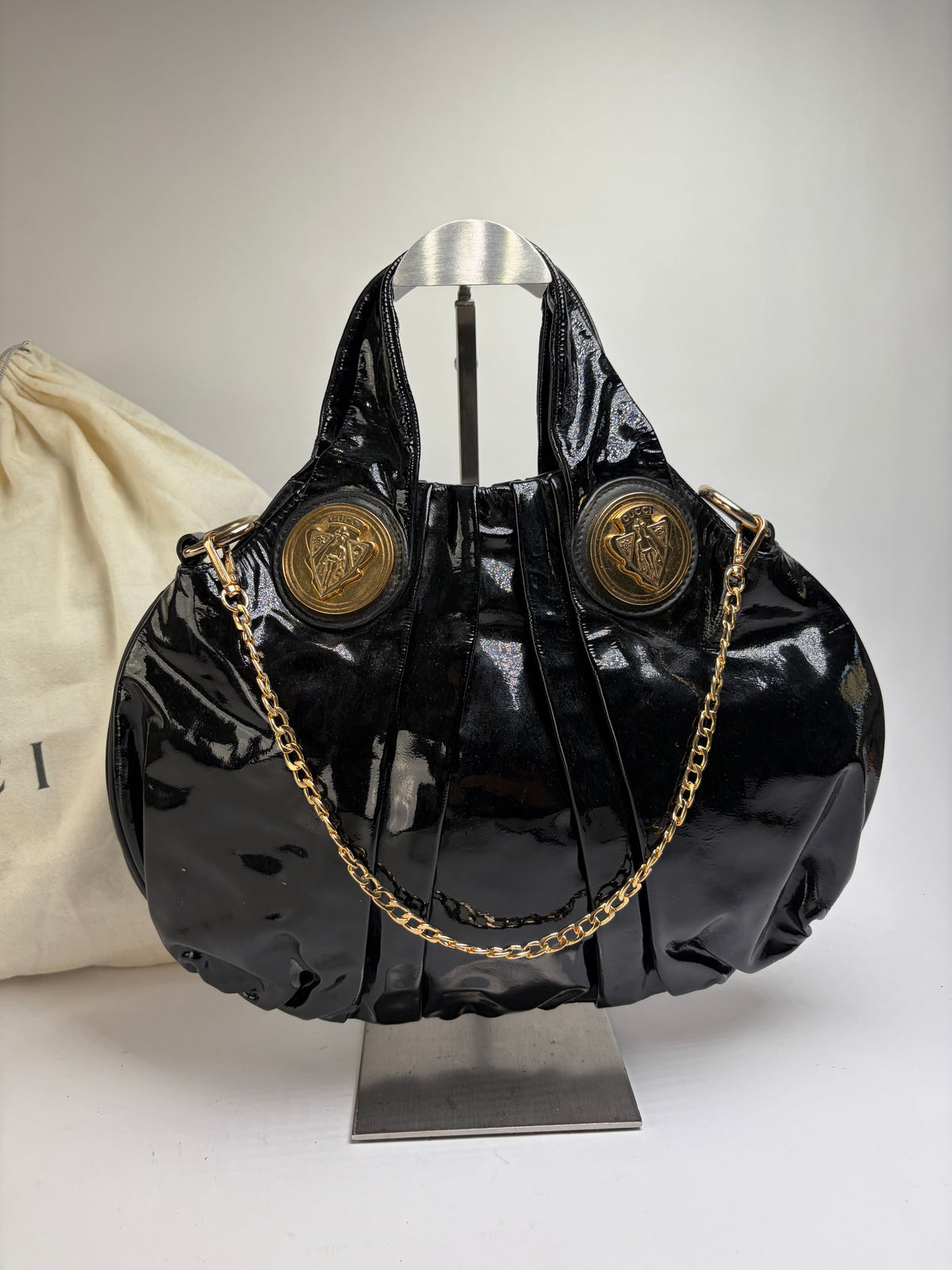 Vintage Gucci Patent Leather Hobo Bag c. Late 1970s Black Gold