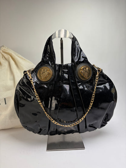 Vintage Gucci Patent Leather Hobo Bag c. Late 1970s Black Gold