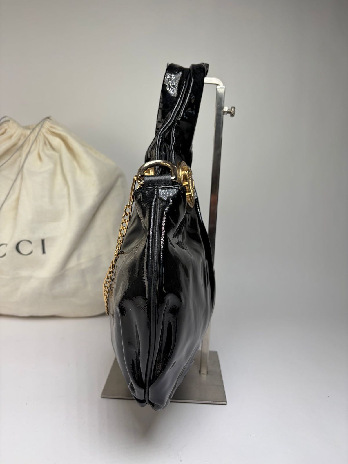 Vintage Gucci Patent Leather Hobo Bag c. Late 1970s Black Gold