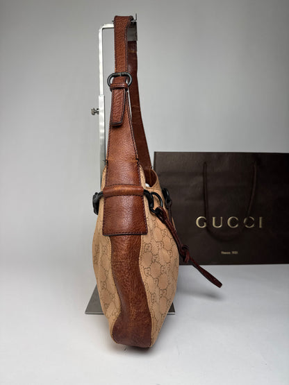 Vintage Gucci Horsebit Monogram Handbag Brown Beige