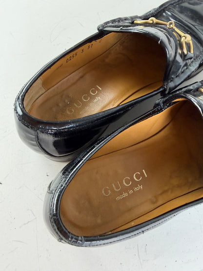 Vintage Gucci Patent Leather Loafers Black Gold EU37