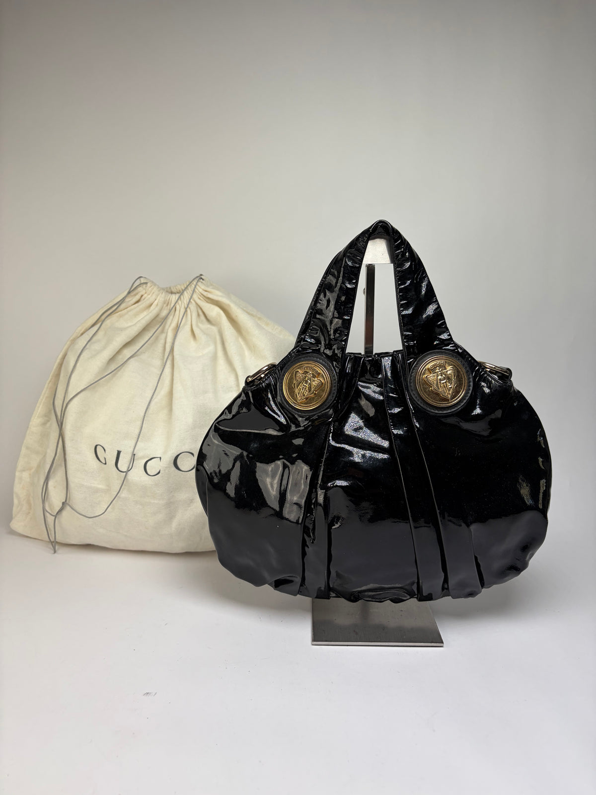 Vintage Gucci Patent Leather Hobo Bag c. Late 1970s Black Gold