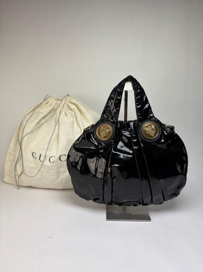 Vintage Gucci Patent Leather Hobo Bag c. Late 1970s Black Gold