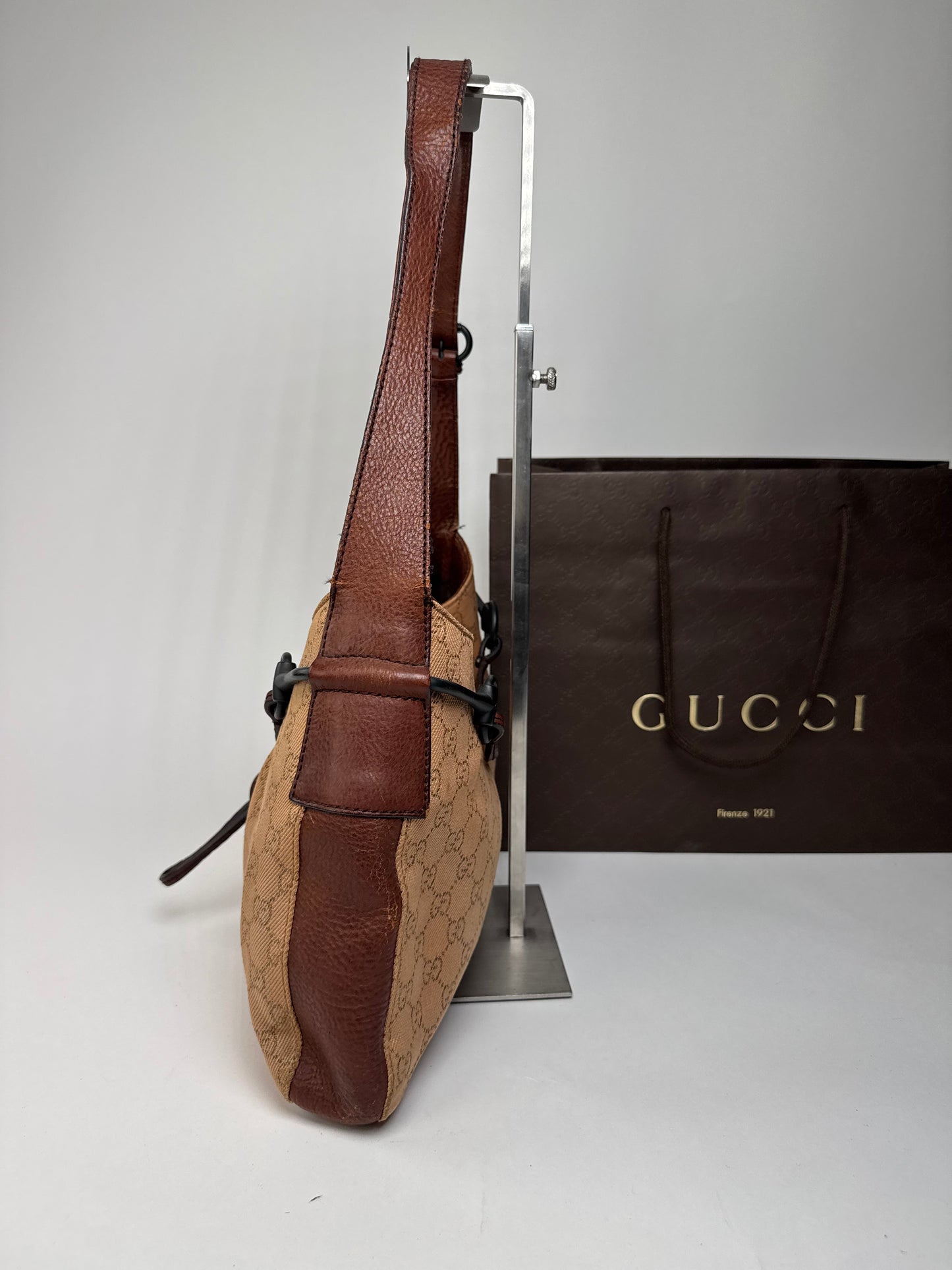 Vintage Gucci Horsebit Monogram Handbag Brown Beige