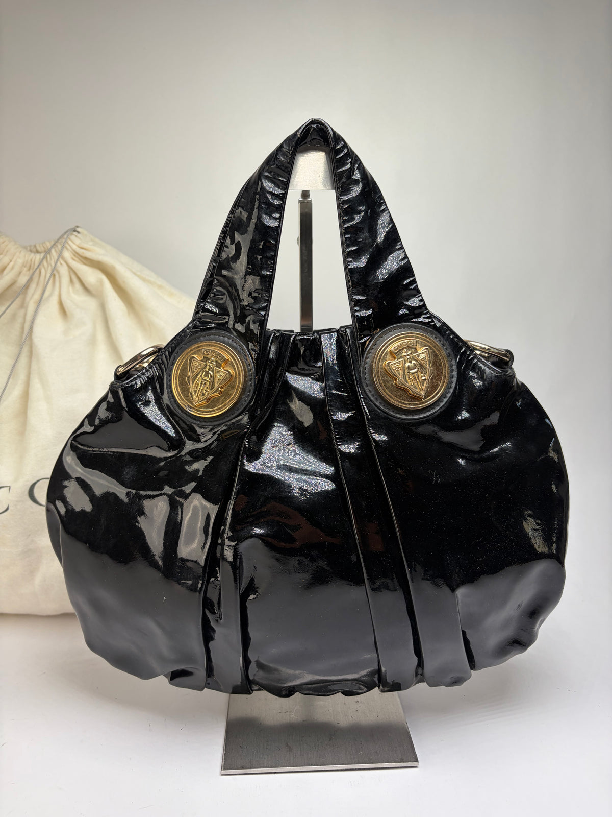 Vintage Gucci Patent Leather Hobo Bag c. Late 1970s Black Gold
